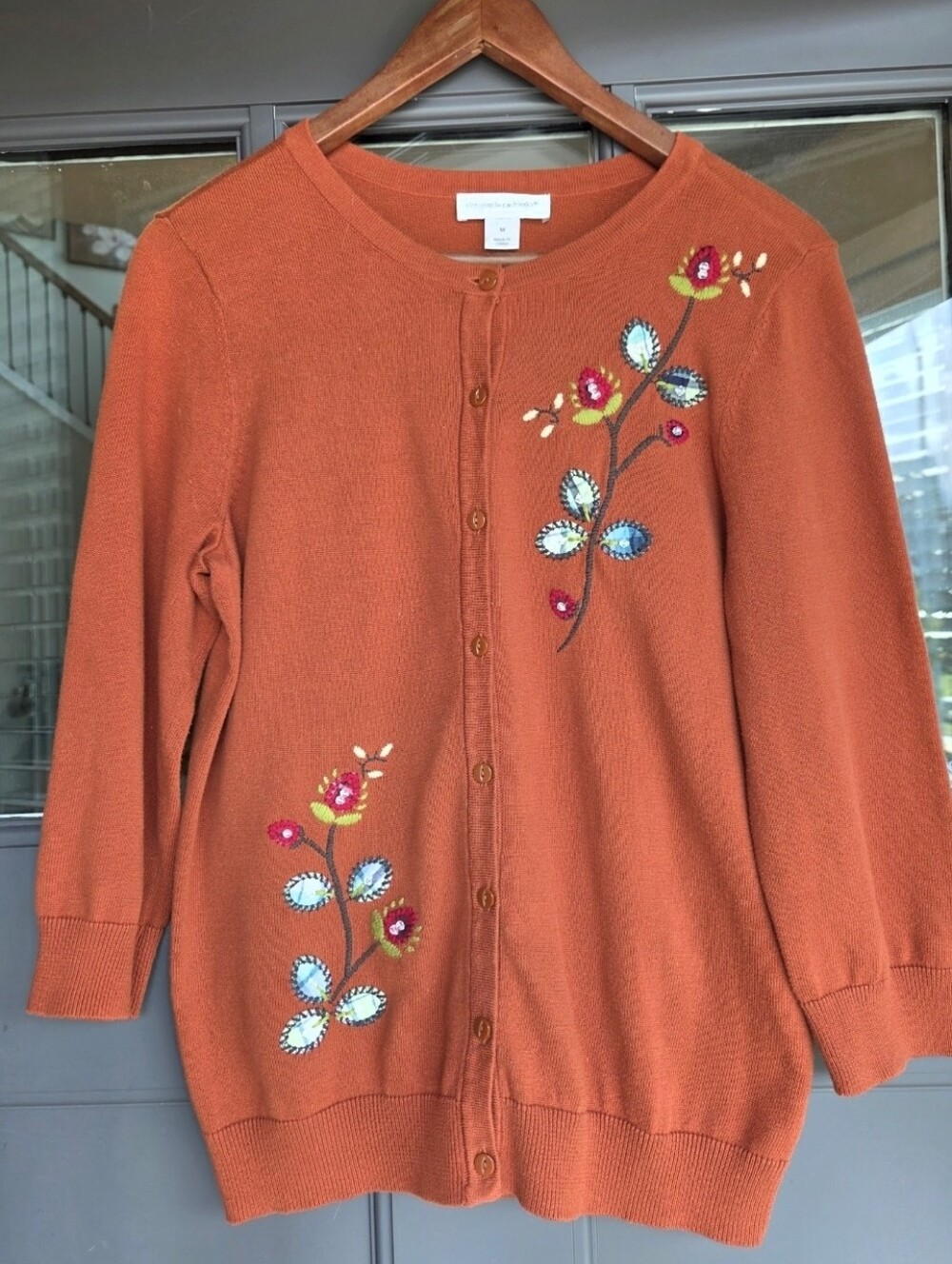 Christopher & Banks Embroidered Floral Rust Button Front Cardigan 100% Cotton